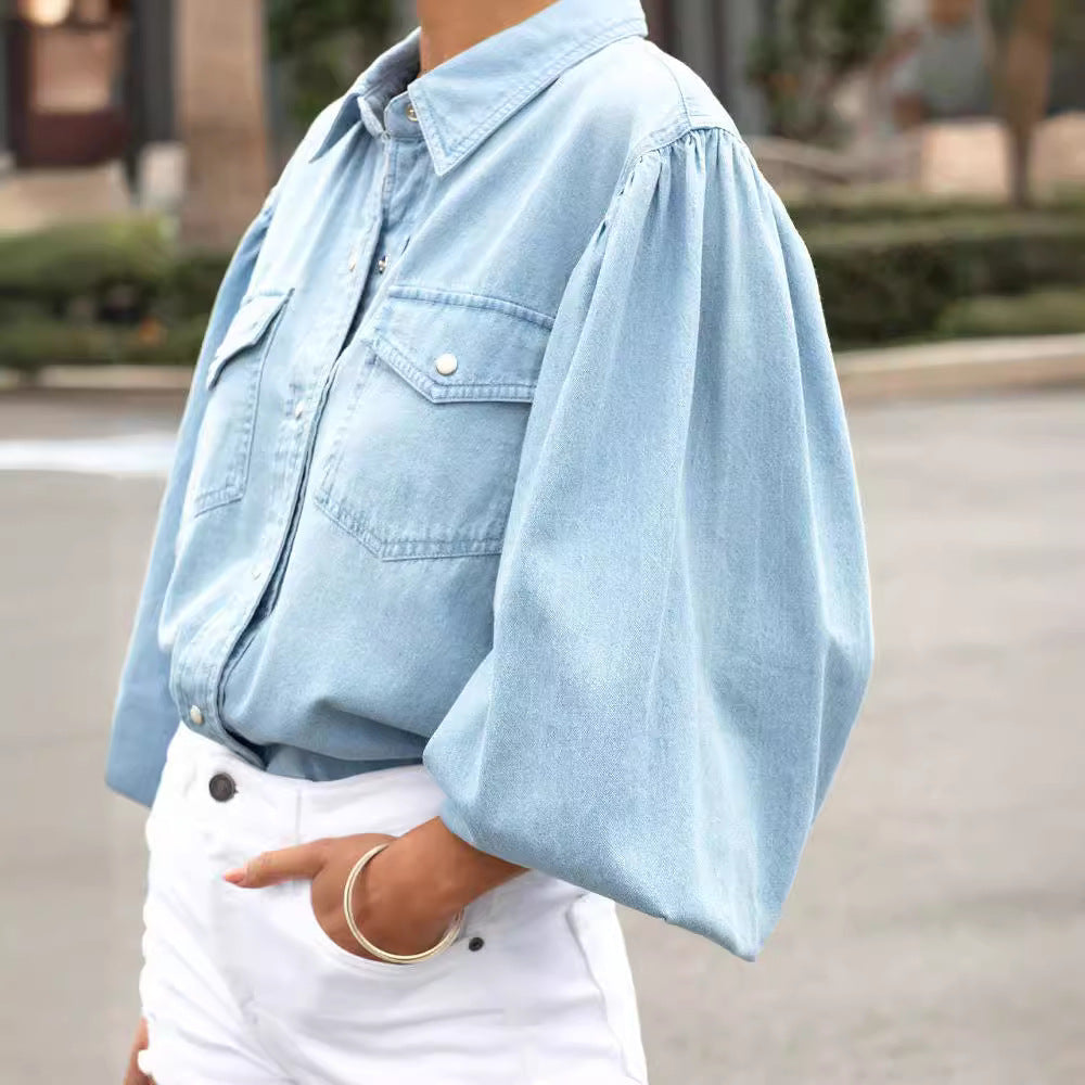 Manteau en jean décontracté à manches longues et revers pour femme
