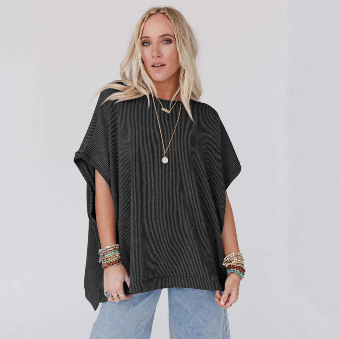 Women Fashion Solid Color Short Sleeve Loose Top