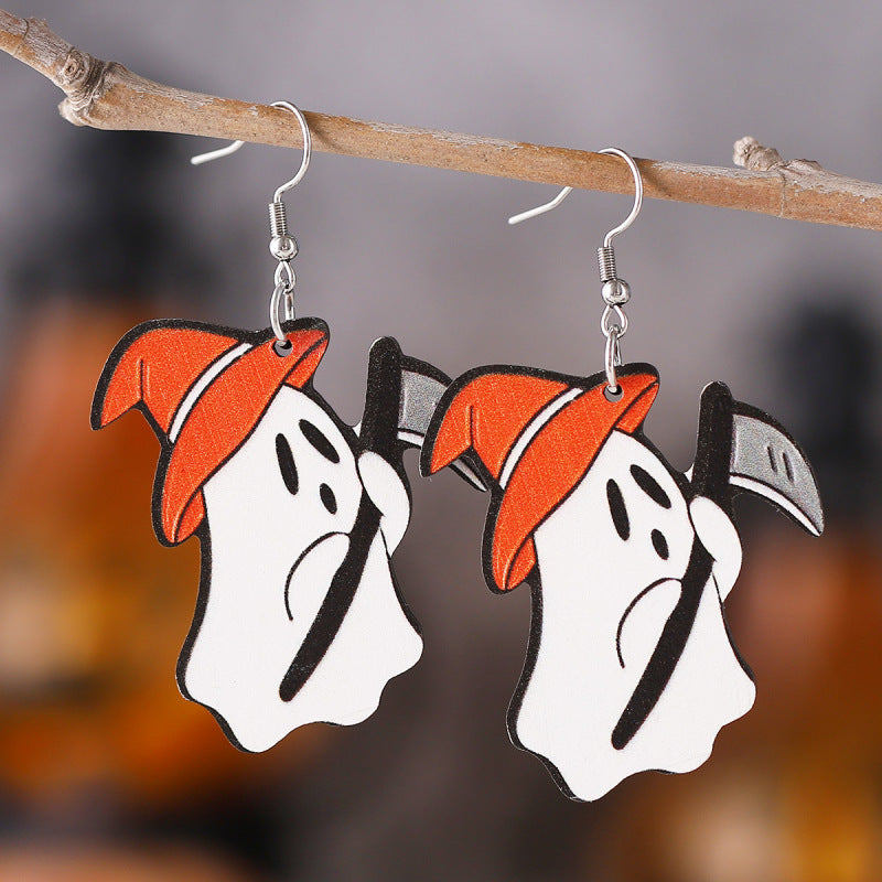 Halloween Women Double-Sided Wooden Earrings with Cartoon Creatures