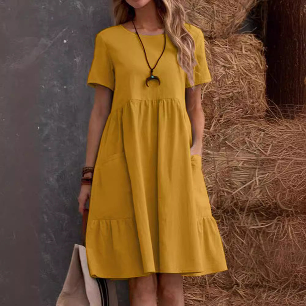 Vestido informal holgado de lino y algodón con cuello redondo para mujer