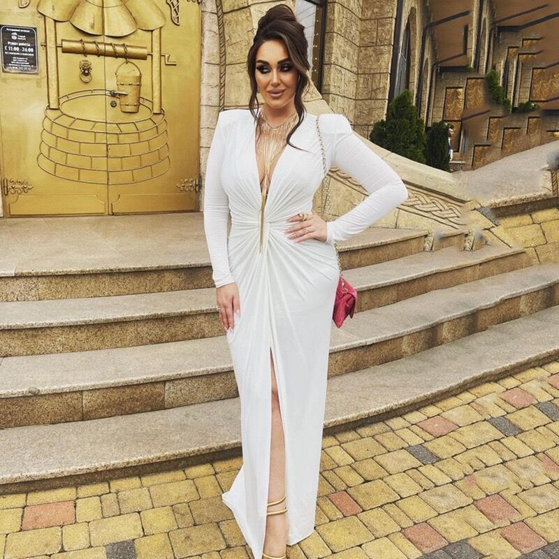 Women Fashion Sexy Deep V Creased High Split Dress
