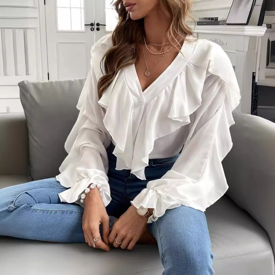 Women Fashion Casual Solid V Neck Ruffled Blouse