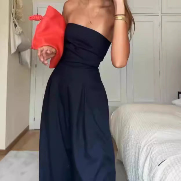 Women Fashion Solid Color Tube Top Jumpsuit Polyester Slim Fit