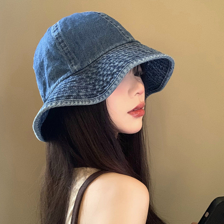 Women Fashion Wide Stripe Denim Bucket Hat in Blue Variants