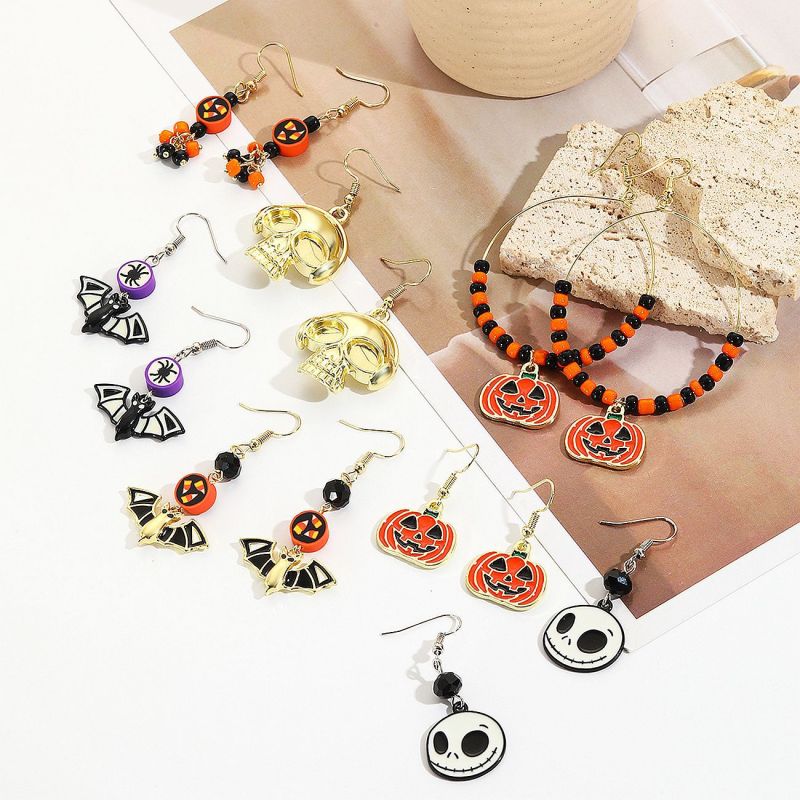 Halloween Women Creative Pumpkin Skull Bat Earrings