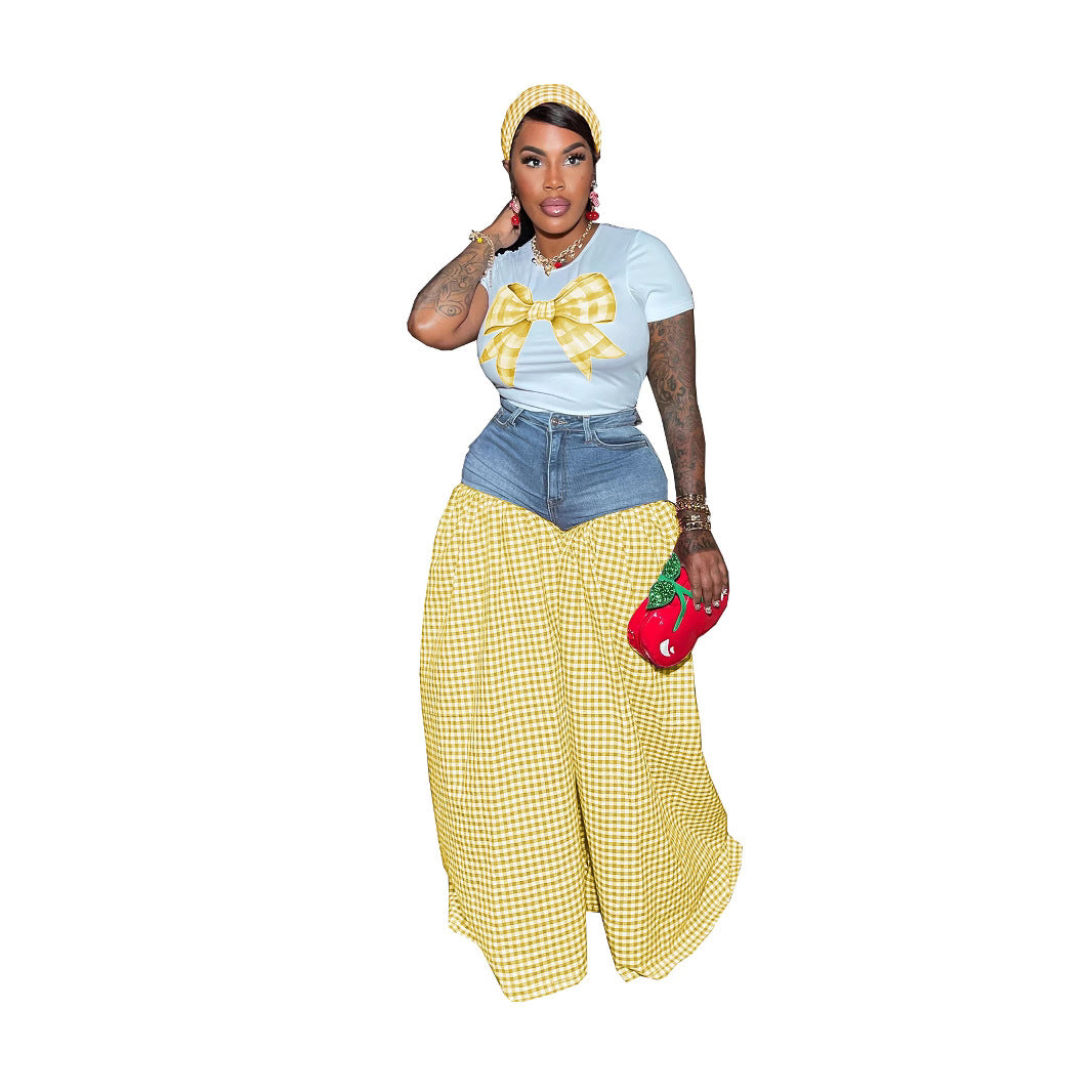 Ensemble t-shirt rose à nœud et pantalon en jean à carreaux pour femme