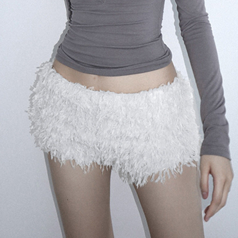 Short en peluche taille haute sexy de couleur unie pour femme