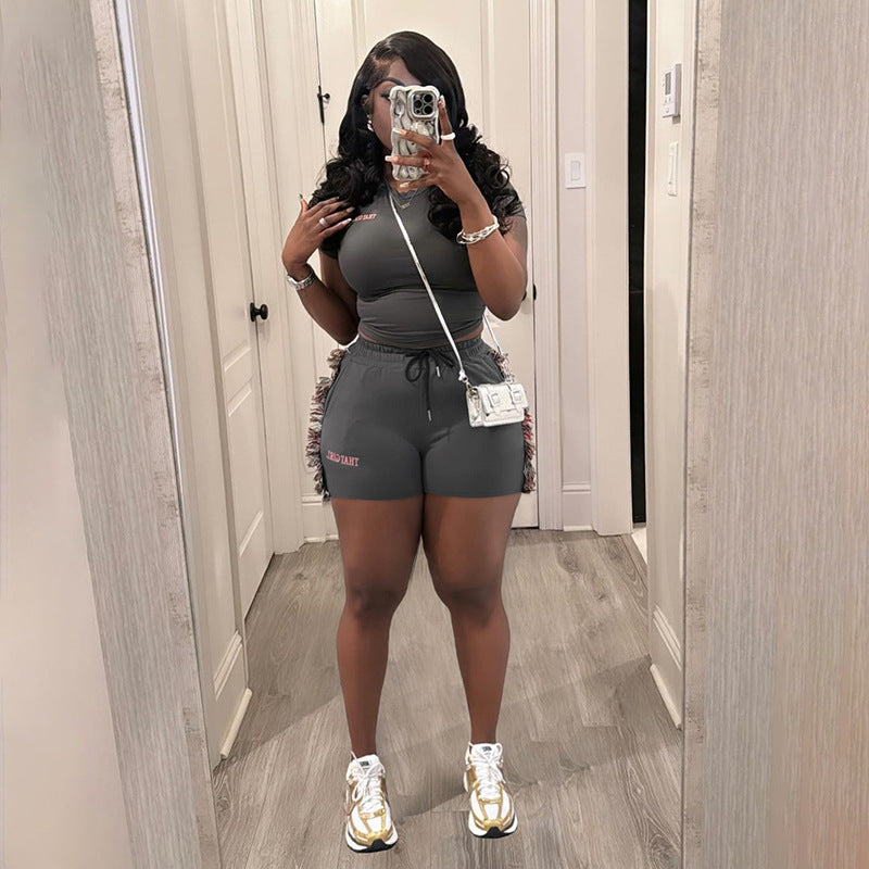Women Fashion Side Tassel Embroidered Shorts Two-Piece Set
