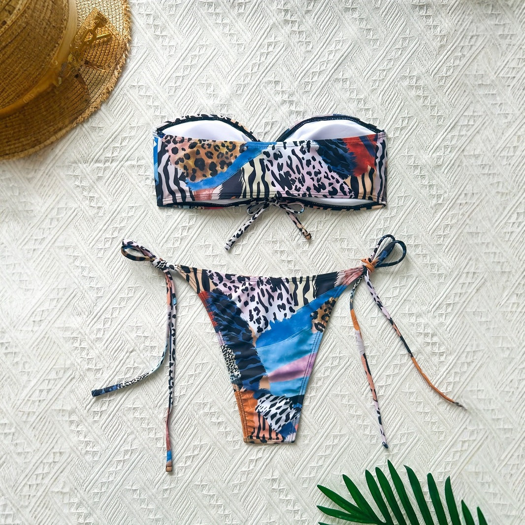 Maillot de bain bikini sexy à lacets et haut tube imprimé à manches longues pour femme