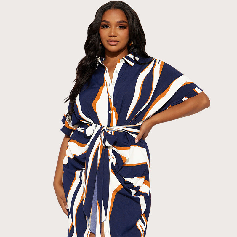Robe rayée à manches courtes et revers pour femme, grande taille, en coton