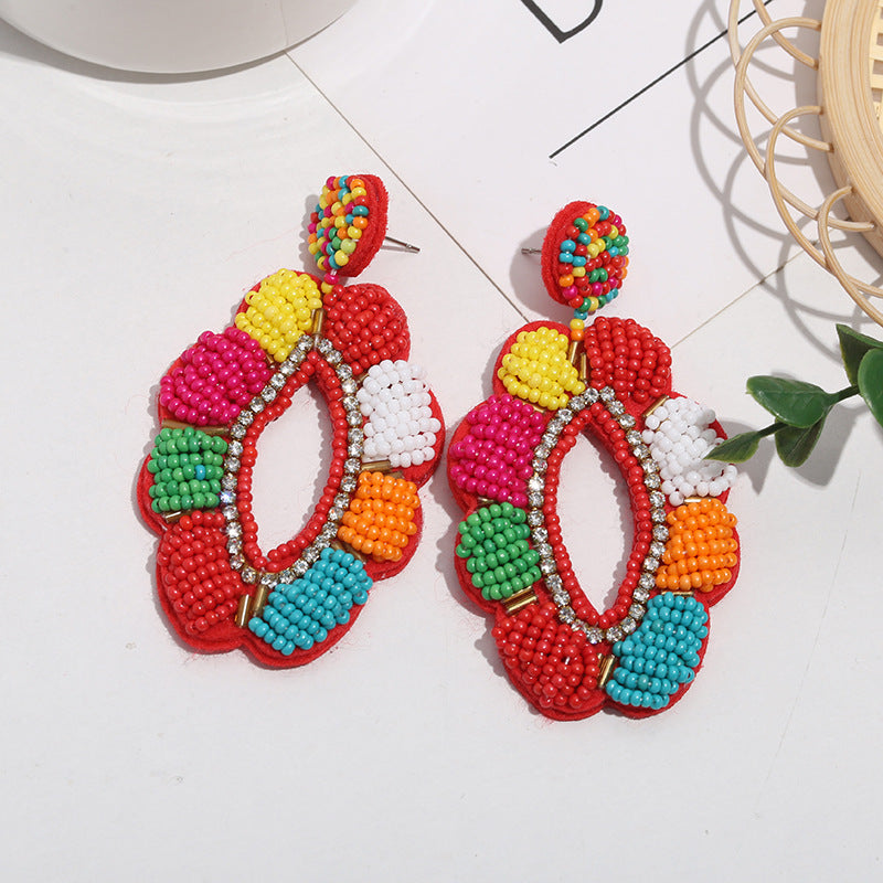 Boucles d'oreilles tressées en perles de riz et fleurs de Bohème