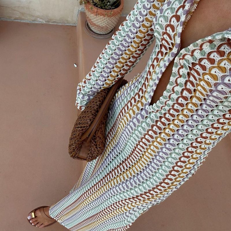 Women Bohemian Crochet Cutout V-Neck Side Slit Maxi Dress