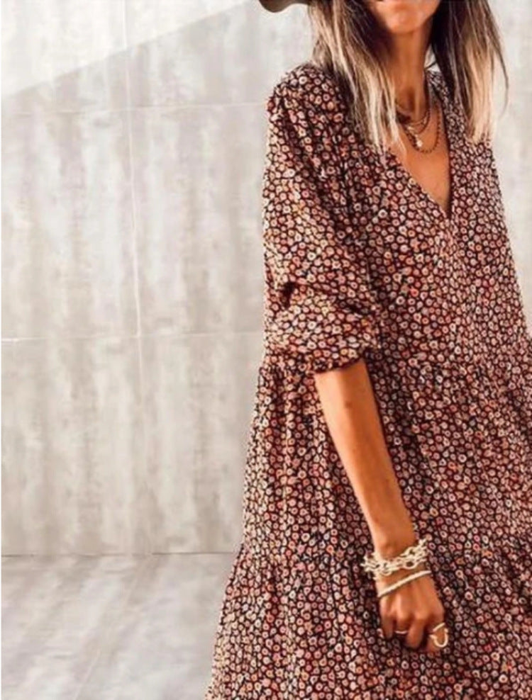 Robe longue à volants, élégante et bohème, à imprimé petites fleurs, pour femme