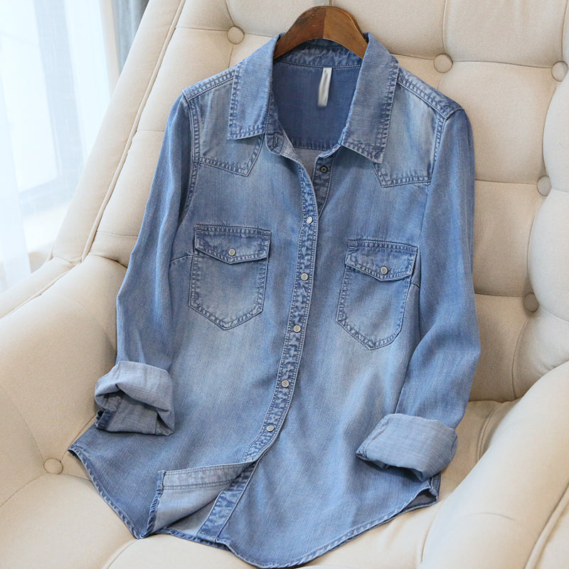 Women Fashion Casual Long-Sleeve Denim Coat with POLO Collar
