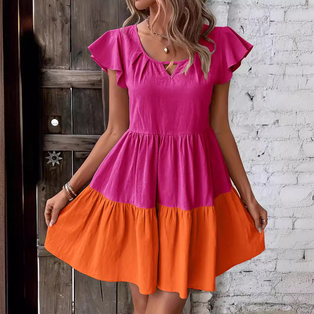 Robe décontractée en coton et lin à col en V pour femme