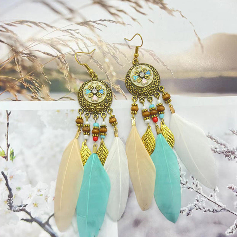 Bohemian Flower Beads Feather Earrings for Women