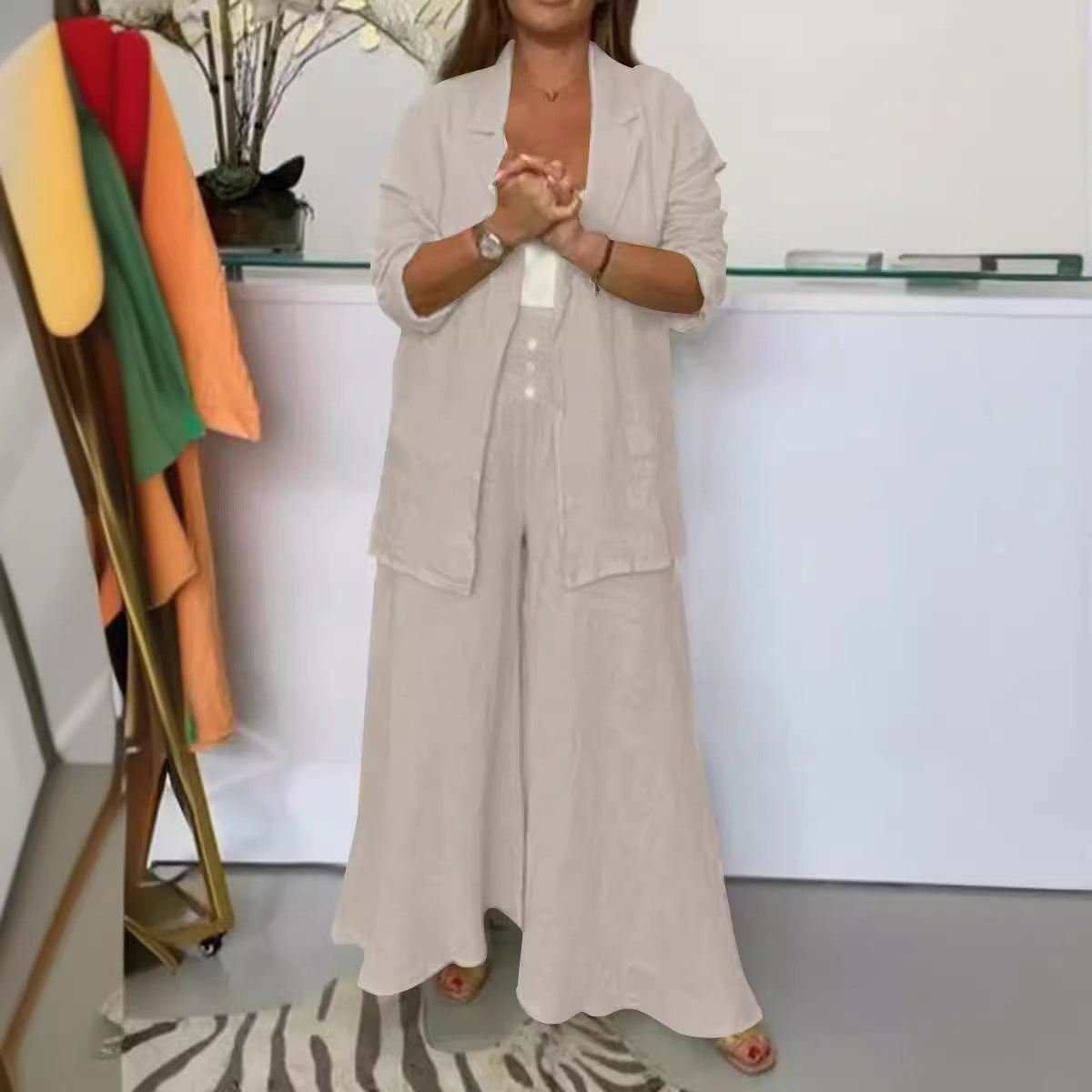 Fashion Cotton And Linen Lapel Cardigan Set