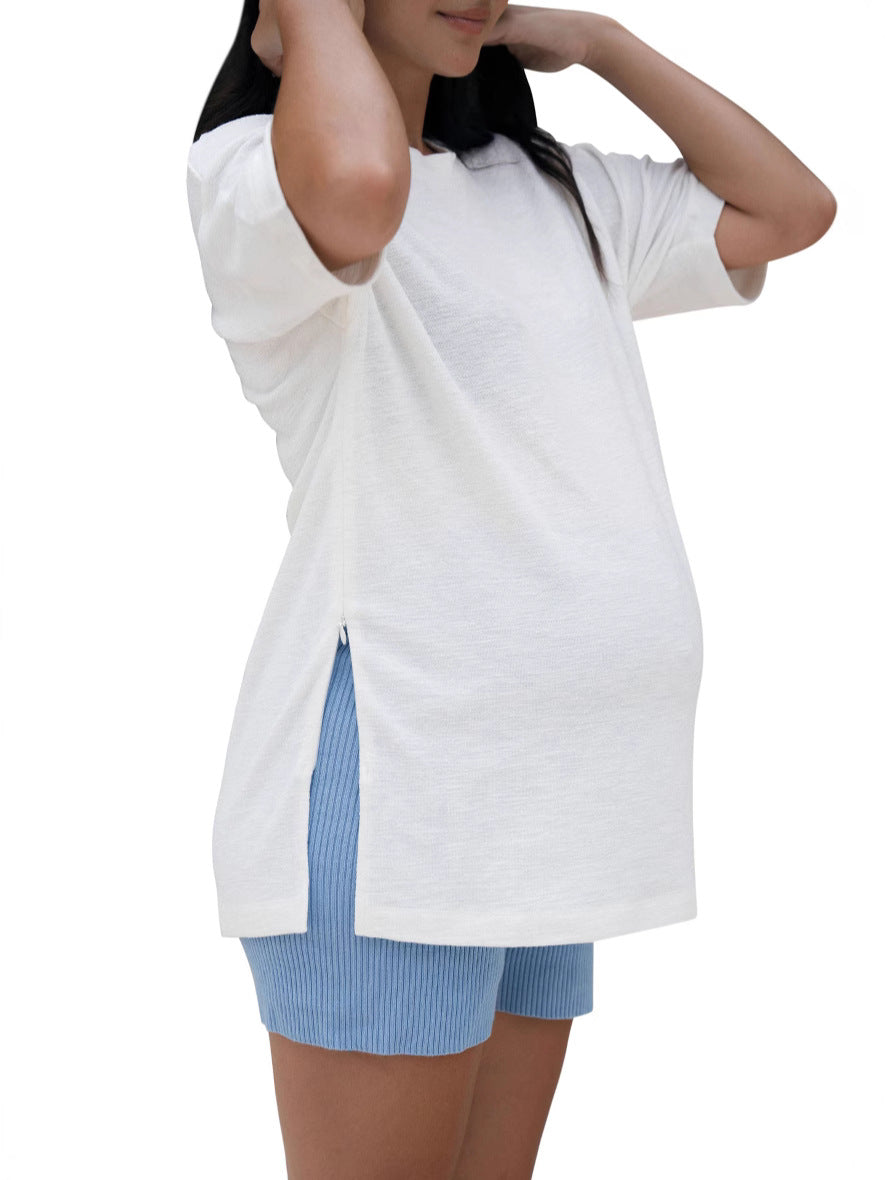 Women Nursing Clothes Zipper Short Sleeve Maternity T-Shirt