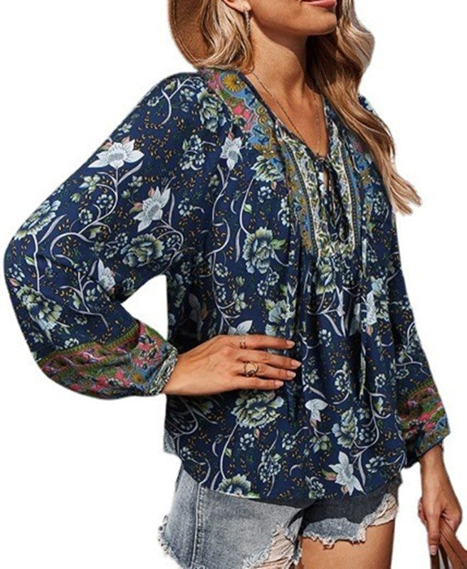 T-shirt décontracté à col en V et imprimé floral pour femme