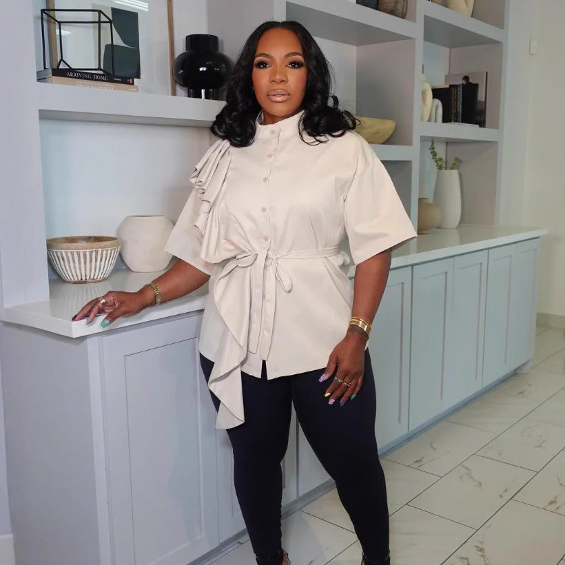 Women Fashion Elegant Solid Color Ruffled Blouse