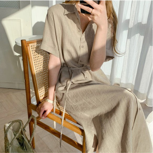 Robe chemise longue ample et décontractée en lin pour femme