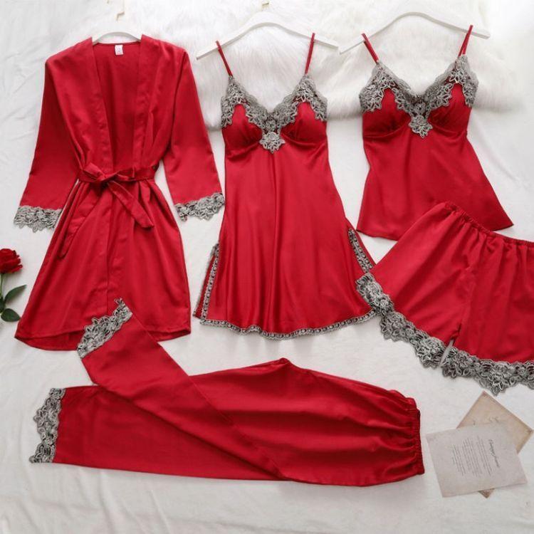 Women Elegant Edgy Color Blocking Casual Satin Pajamas Set
