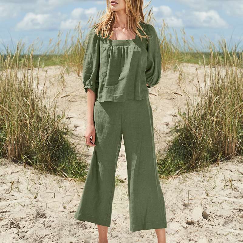 Conjunto de lino y algodón de color liso informal a la moda para mujer