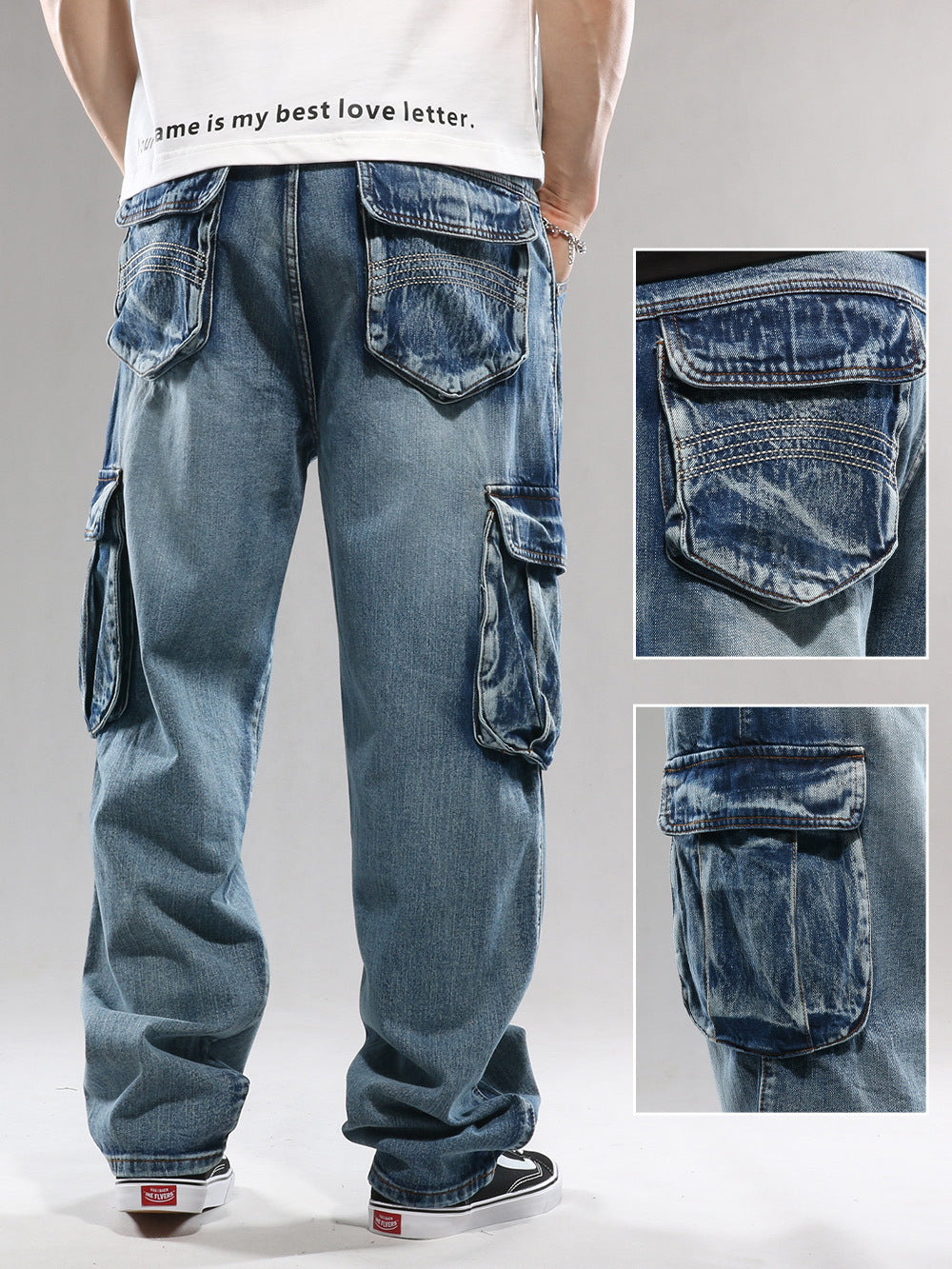 Vaqueros cargo holgados de pierna ancha con múltiples bolsillos a la moda para hombre