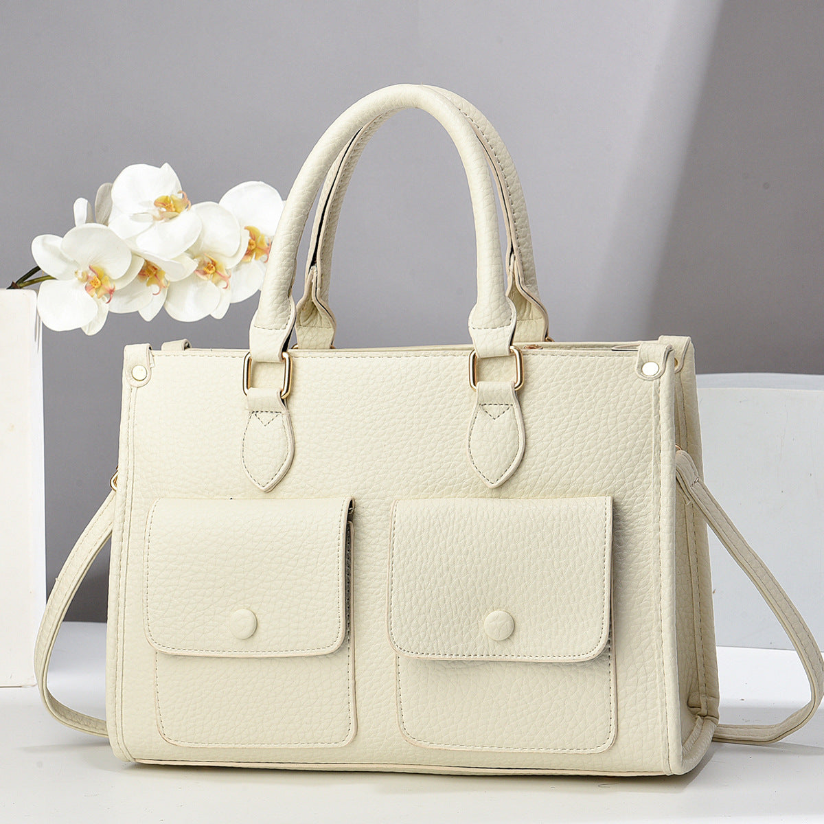 Bolso de mano informal de color liso con doble bolsillo para mujer