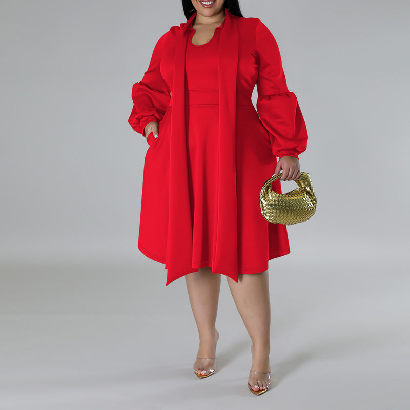 Women Fashion Causal Solid Color Long Dress with Bubble Sleeves