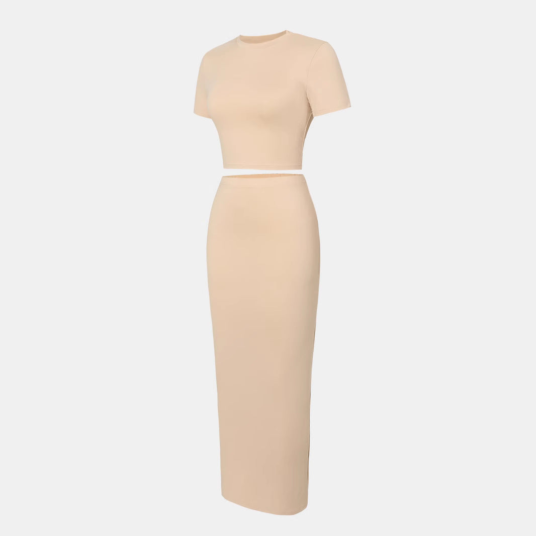Women Short-Sleeve Solid Color T-Shirt and High Waist Skirt Two-Piece Set
