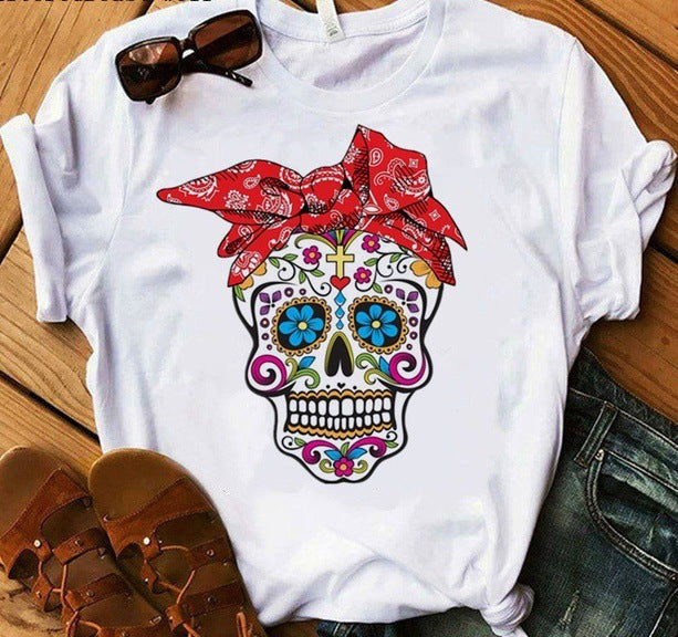 Camiseta de manga corta con estampado de calavera de Halloween para mujer