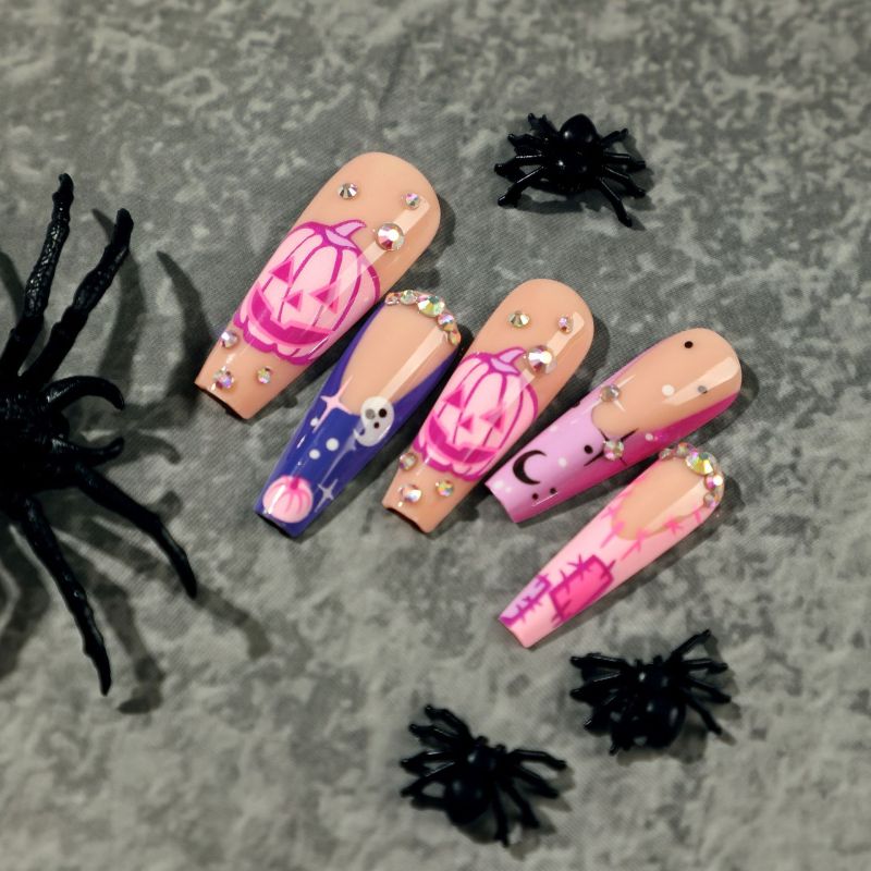Women Halloween Pink Purple Purple Pumpkin Heart White Ghost Nails
