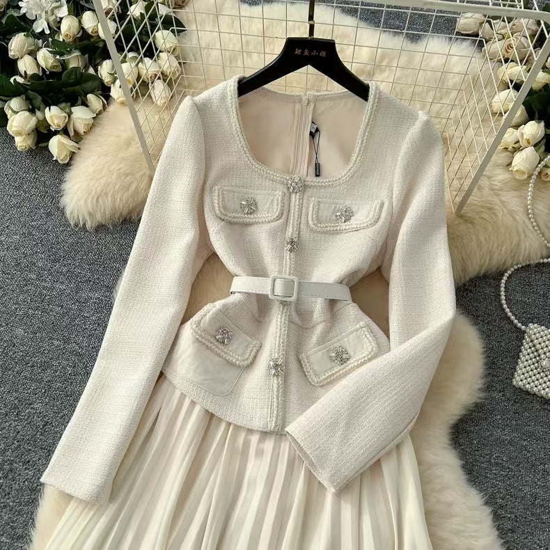 Women Fashion Elegant Stitching Square Neck Long-Sleeve Dress