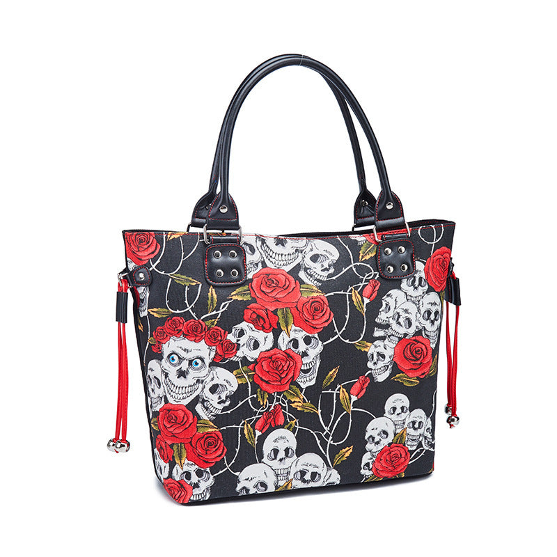 Bolso de mano con calavera y rosas para mujer, diseño de Halloween