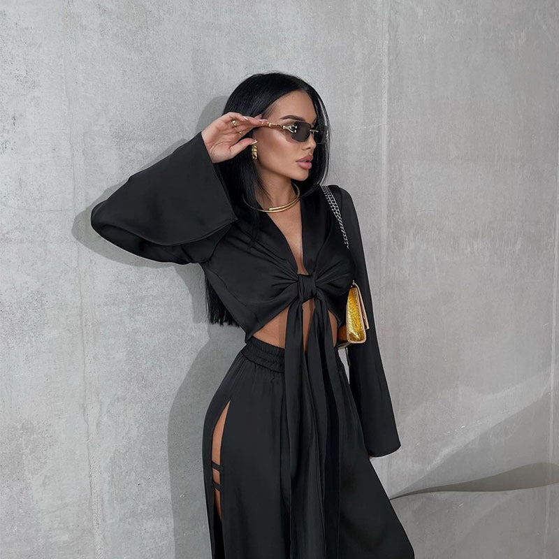 Ensemble deux pièces à lacets et manches longues pour femme, en polyester uni