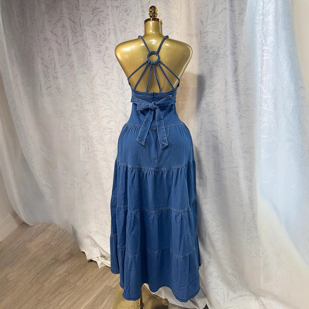 Vestido vaquero sexy de verano con escote en V y tirantes finos para mujer