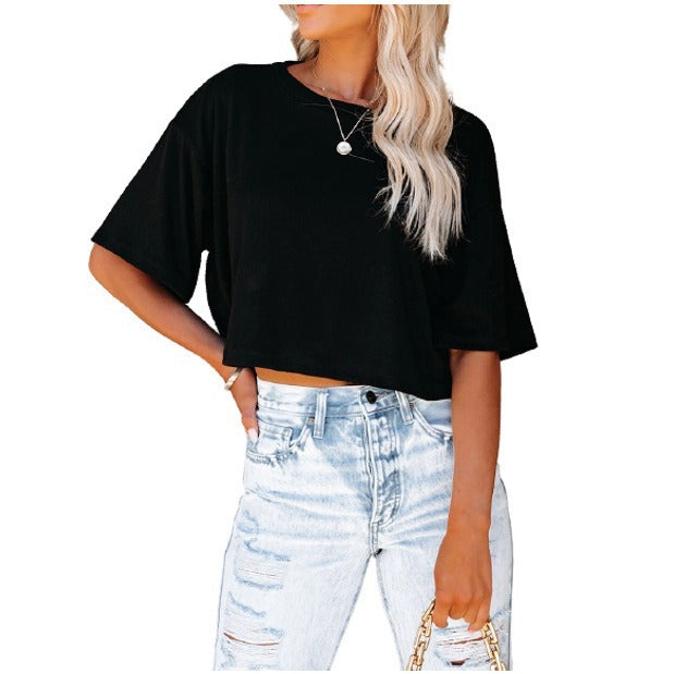 Camiseta holgada de verano para mujer, color liso, cuello redondo, manga corta, color liso