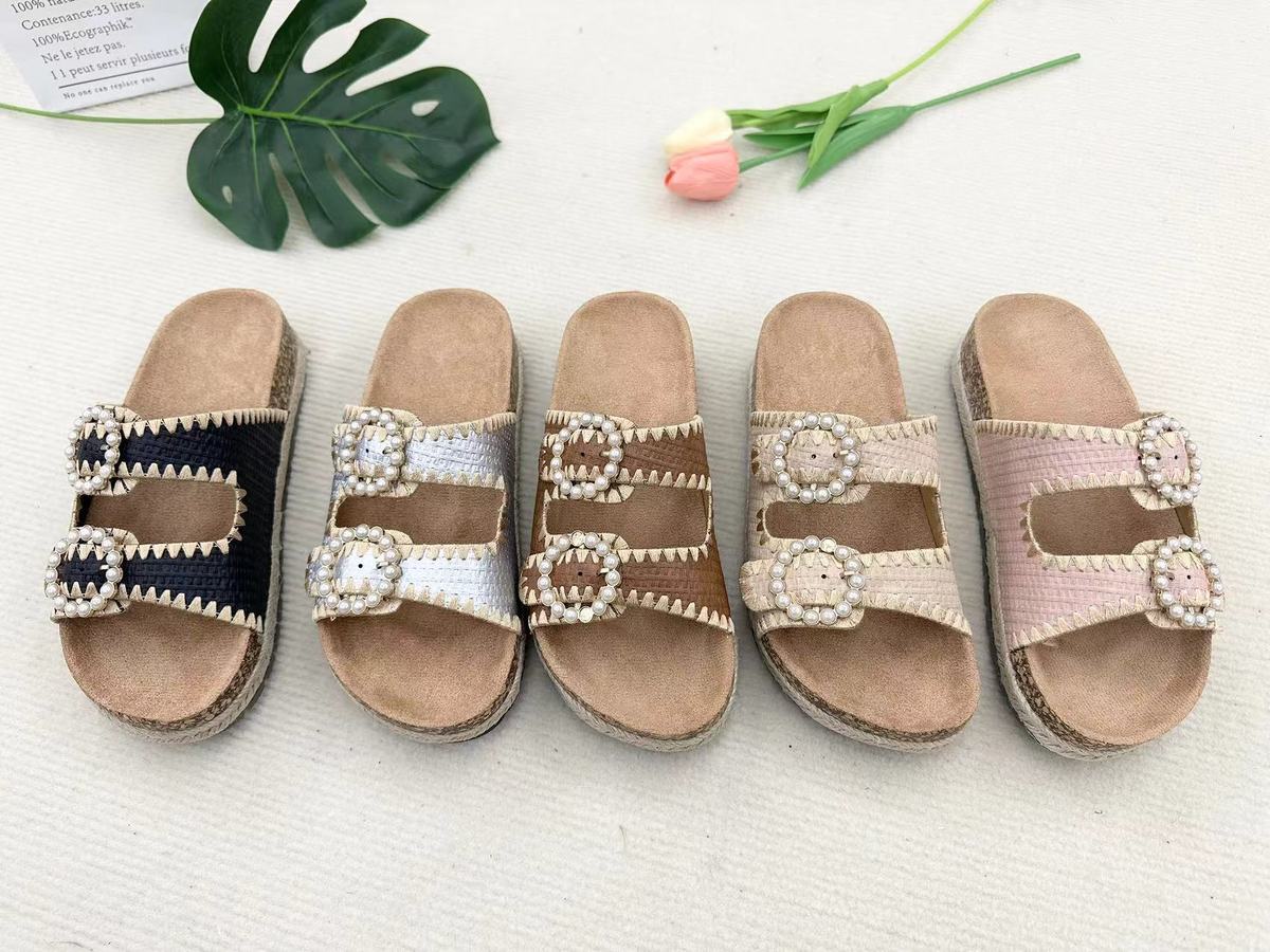 Pantuflas casuales de vacaciones con doble hebilla de perla para mujer