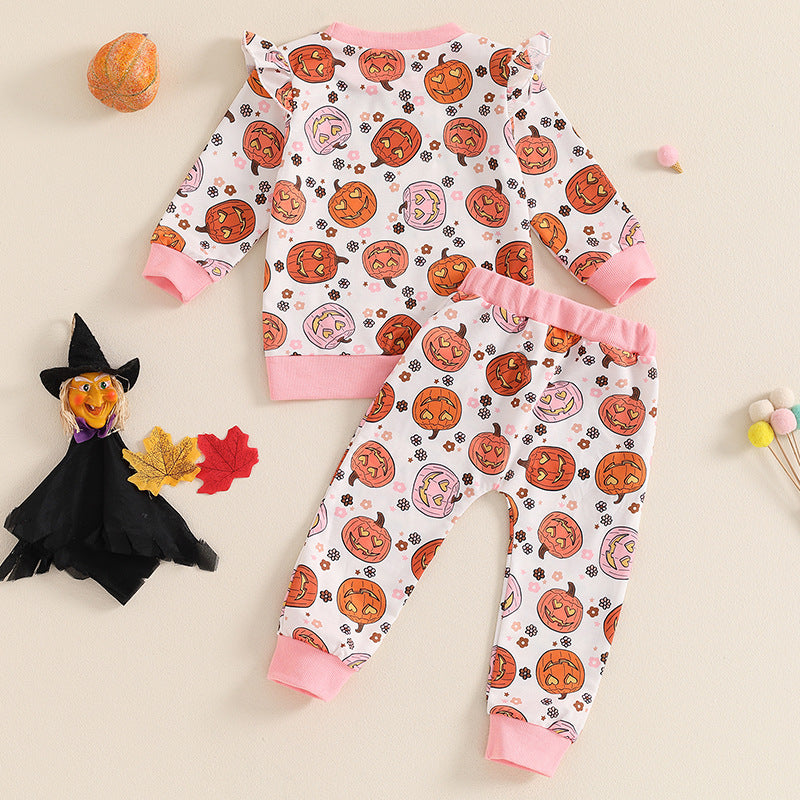 Conjunto de algodón con estampado de calabaza de Halloween para niñas y bebés