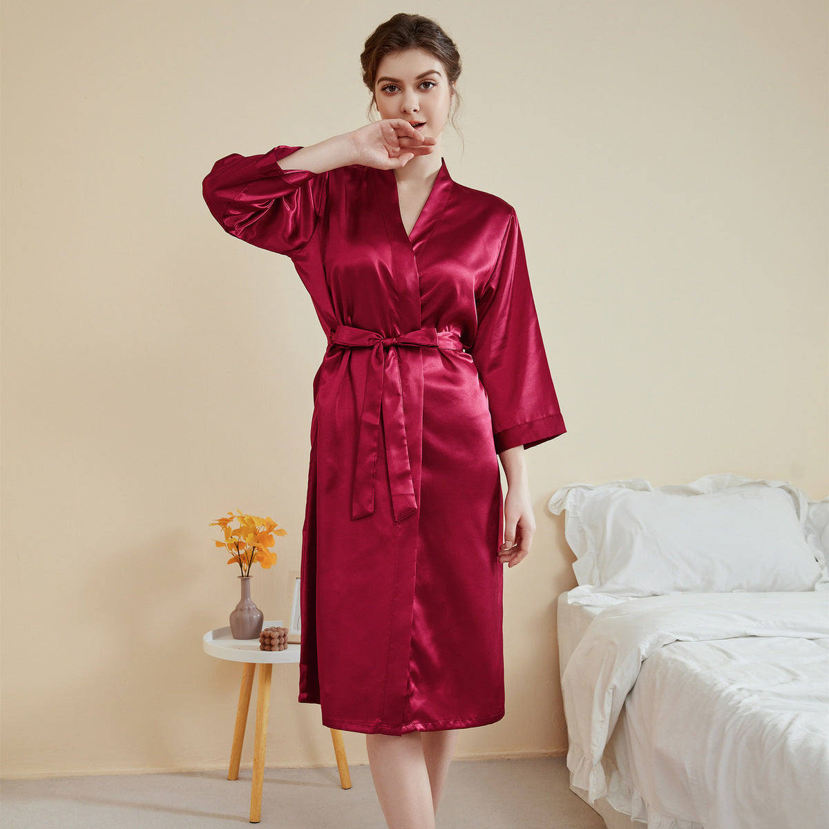 Women Fashion Satin Long Sleeve Lace-Up Pajamas Casual Loose Style
