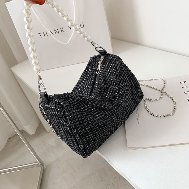 Bolso de cadena de metal con correa de perlas y diamantes de imitación para mujer