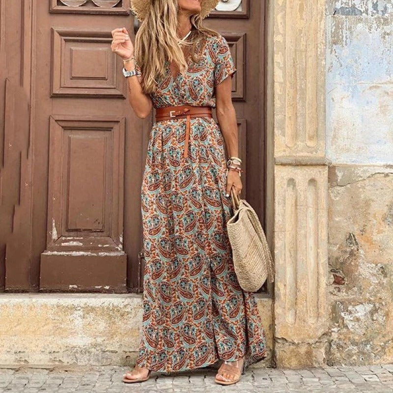 Vestido largo bohemio vintage de verano para mujer, sexy, con escote en V y mangas cortas, con cinturón