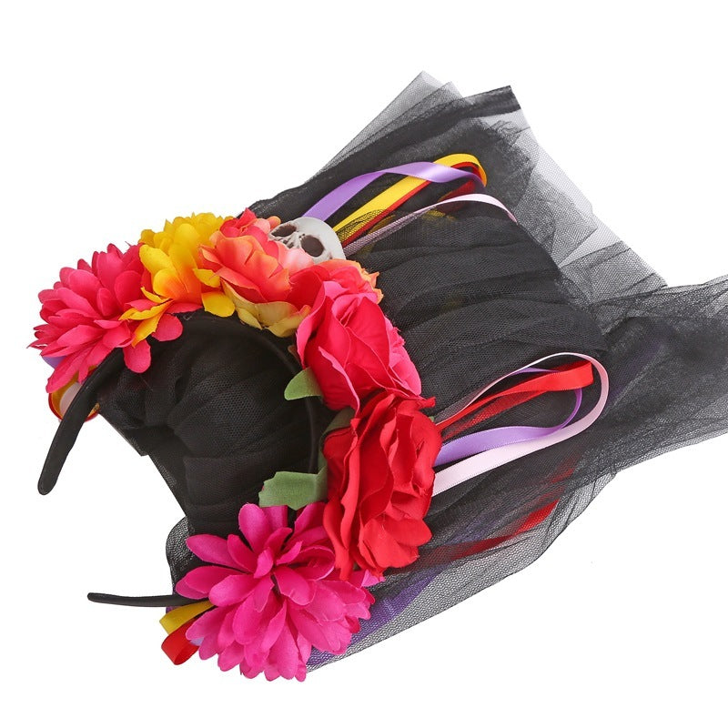Bandeau de style sombre avec tête de mort et motif floral pour Halloween