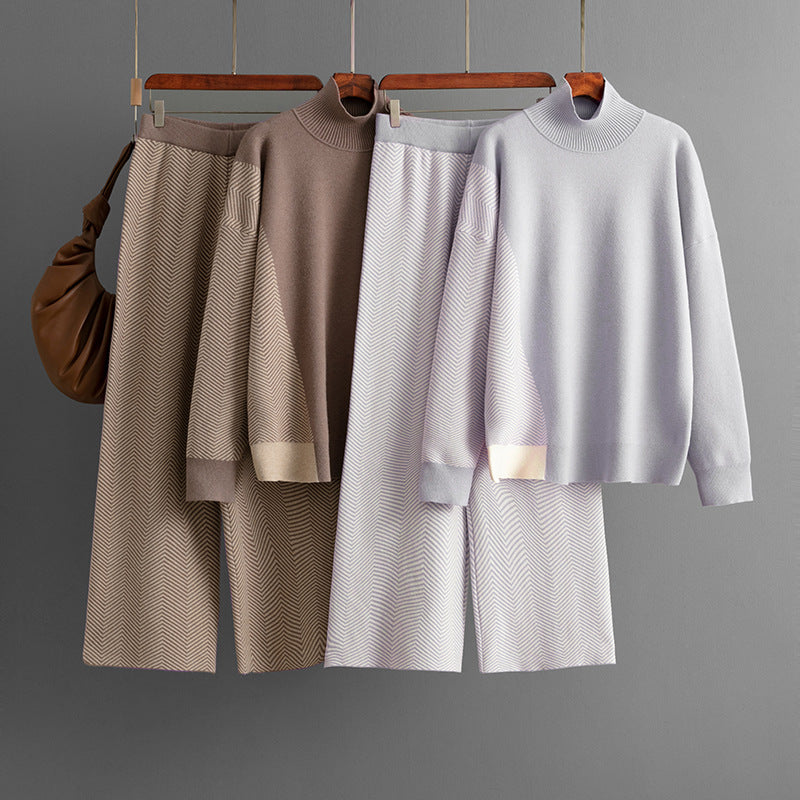 Conjunto de punto con pantalones anchos en contraste de color para mujer