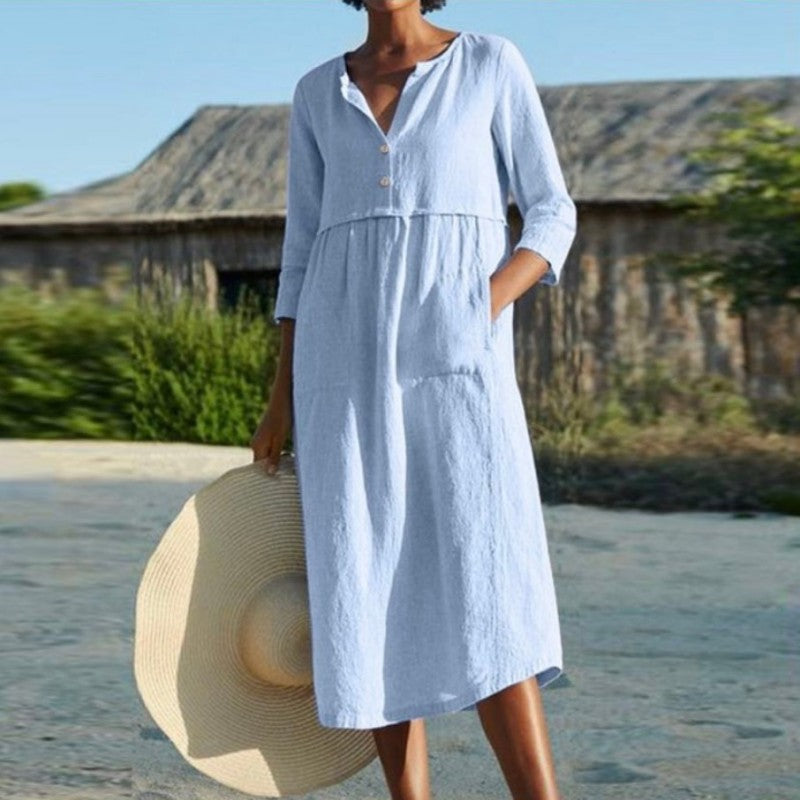 Robe d'été à col rond et poches boutonnées pour femme