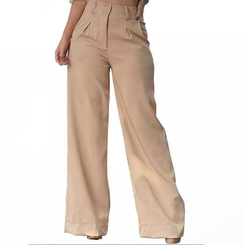 Women Fashion Casual Solid Color High Waist Wide Leg Pants
