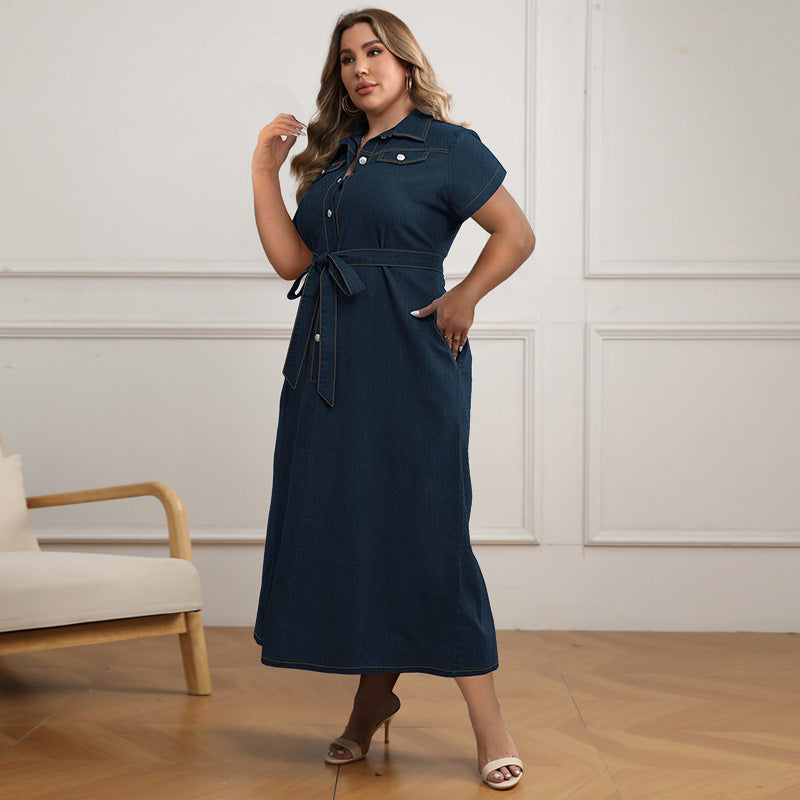 Vestido vaquero informal de talla grande con solapa, manga corta y cordones para mujer