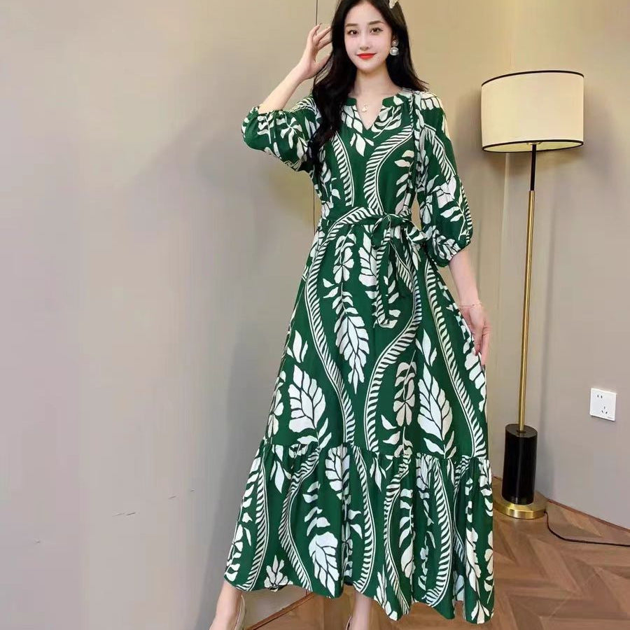 Vestido informal de gasa con cuello en V y estampado para mujer