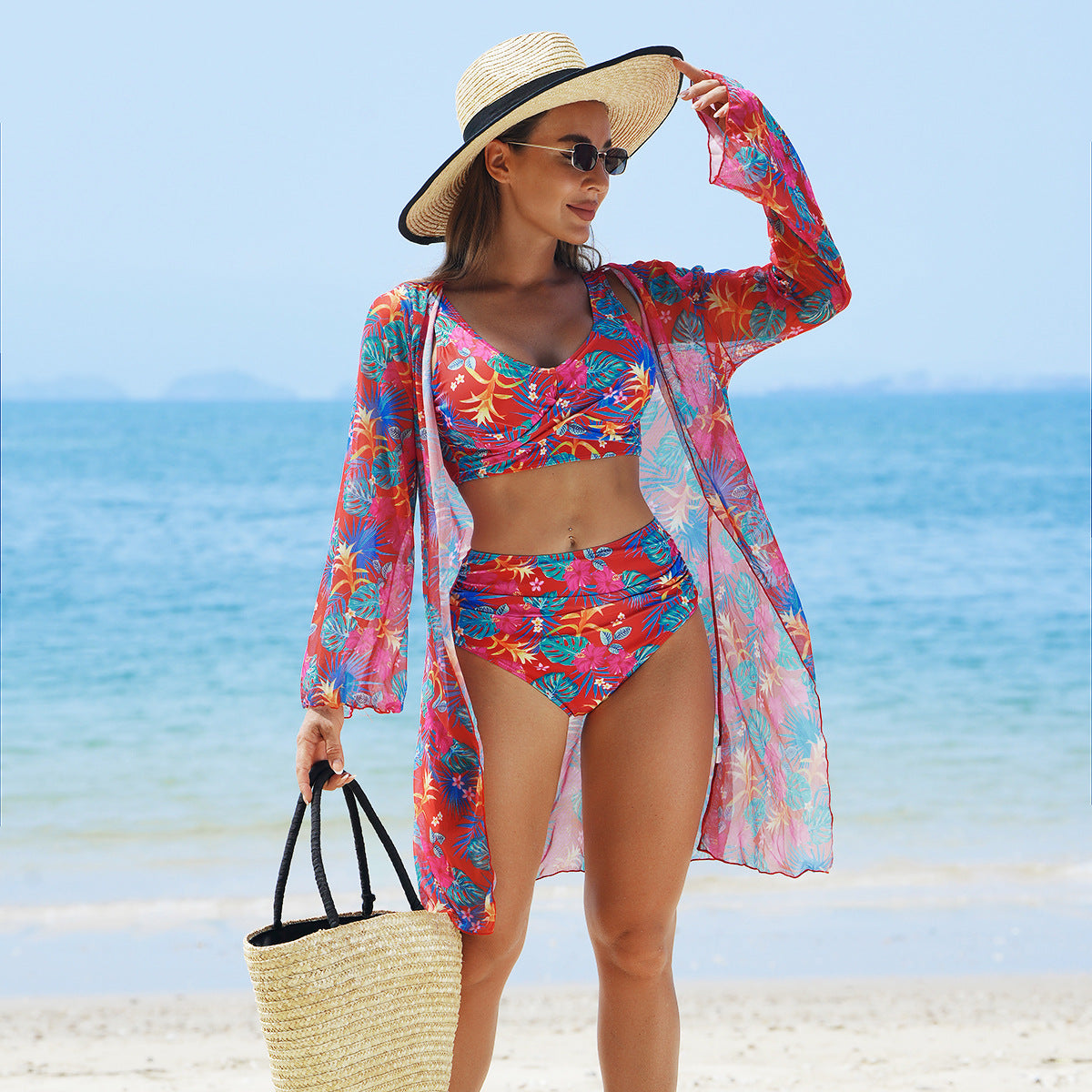 Women Fashion Multicolor Print Swimsuit Three-Piece Set